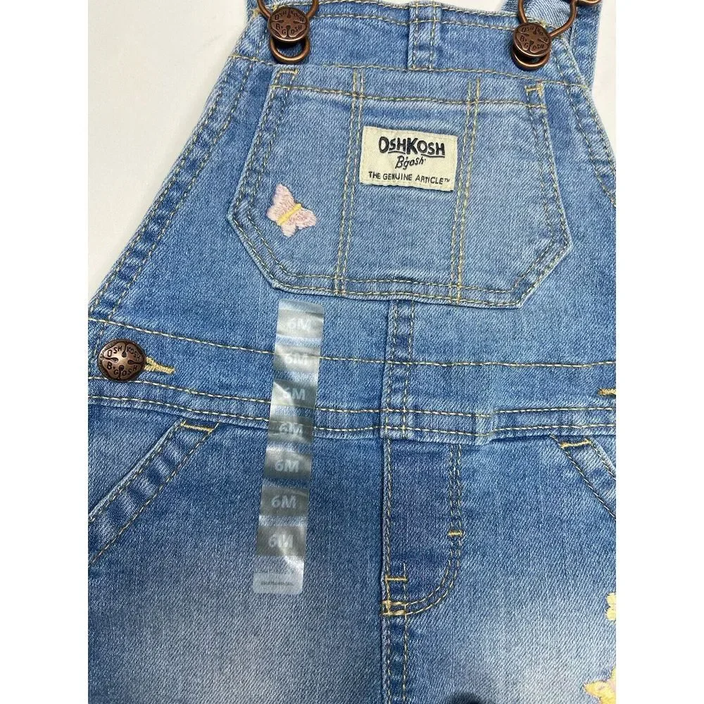 Oshkosh B'Gosh Girls‎ 6M Jean Short Overalls V-Back Floral Embroidery Light Blue